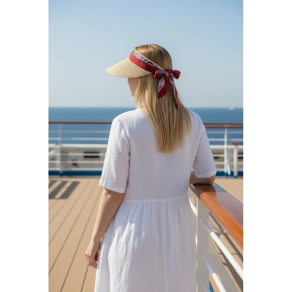 Max Studio Visor Sun Hat Womens OS Beige Paisley Scarf Tie Beach resort vacation
